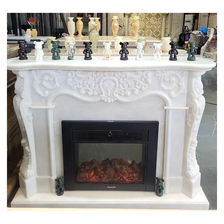 Carved white onyx marble stone fireplace mantle surround with electric fireplace