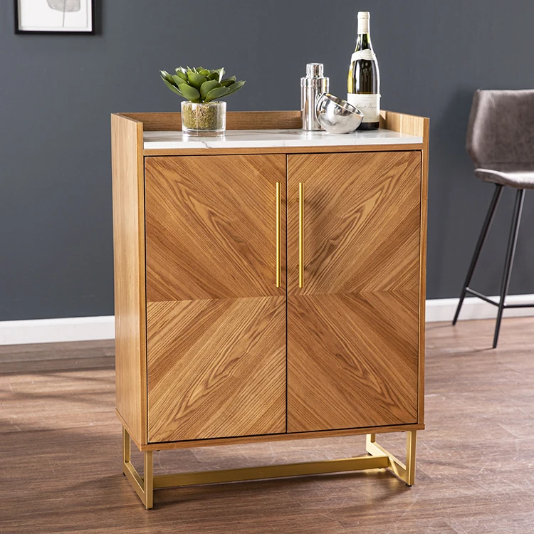 Functional  Contemporary Anywhere Small Wooden Bar Cabinet With Marble Paper Top Iron Legs