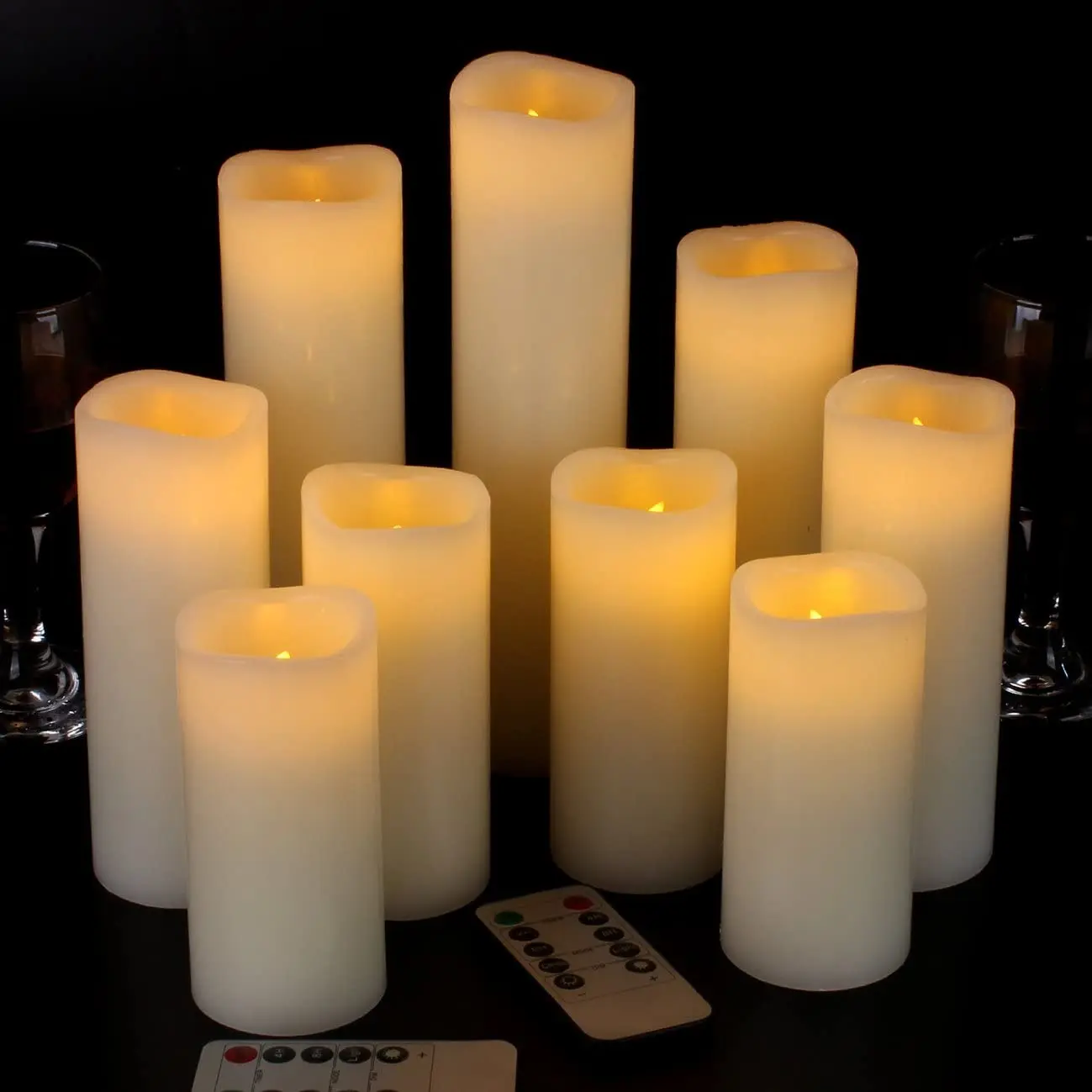 Battery Operated Flameless Candles, Ivory Real Wax Pillar LED Candles, Set of 9