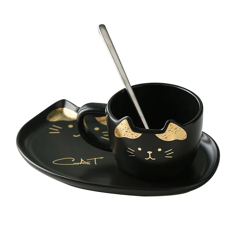 Black Color Cat Shape  Cup with Dessert Plate