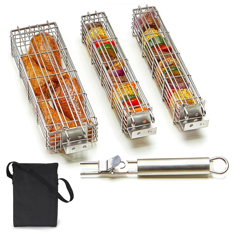 Rectangle Stainless Steel Wire Mesh Rolling Grill Basket Camping Barbecue Grilling Basket for Outdoor BBQ