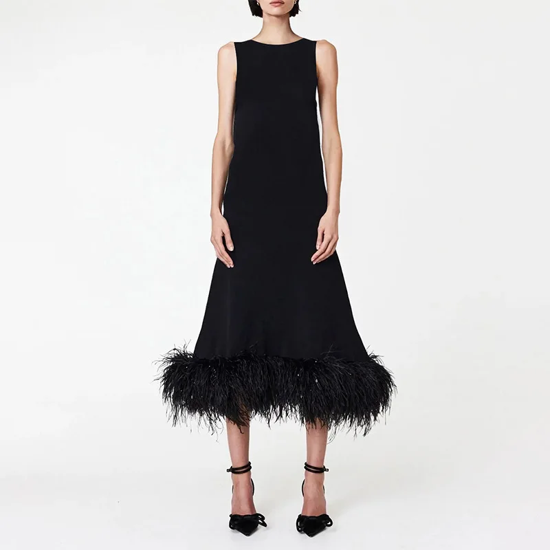 Women Crew Neck Sleeveless Lose Hem Feather Casual Midi Dress