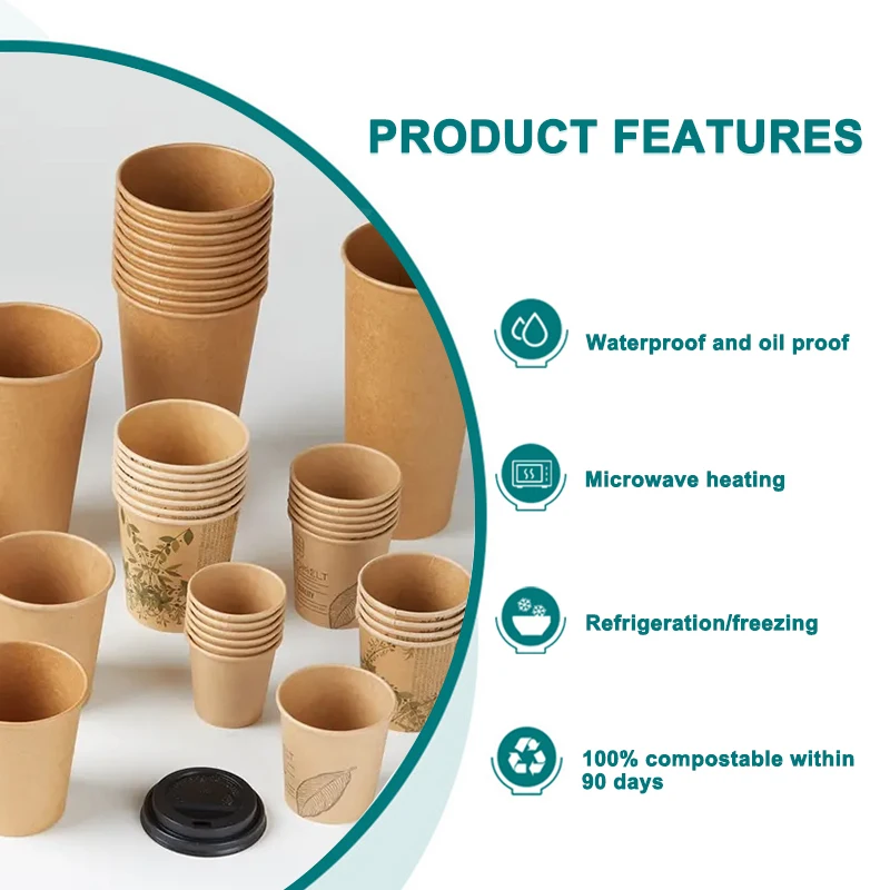 Water Based Lined Compostable Disposable Double Wall Coffee Tea Kraft Paper Cup Plastic Free To Go Paper Cups With Lids