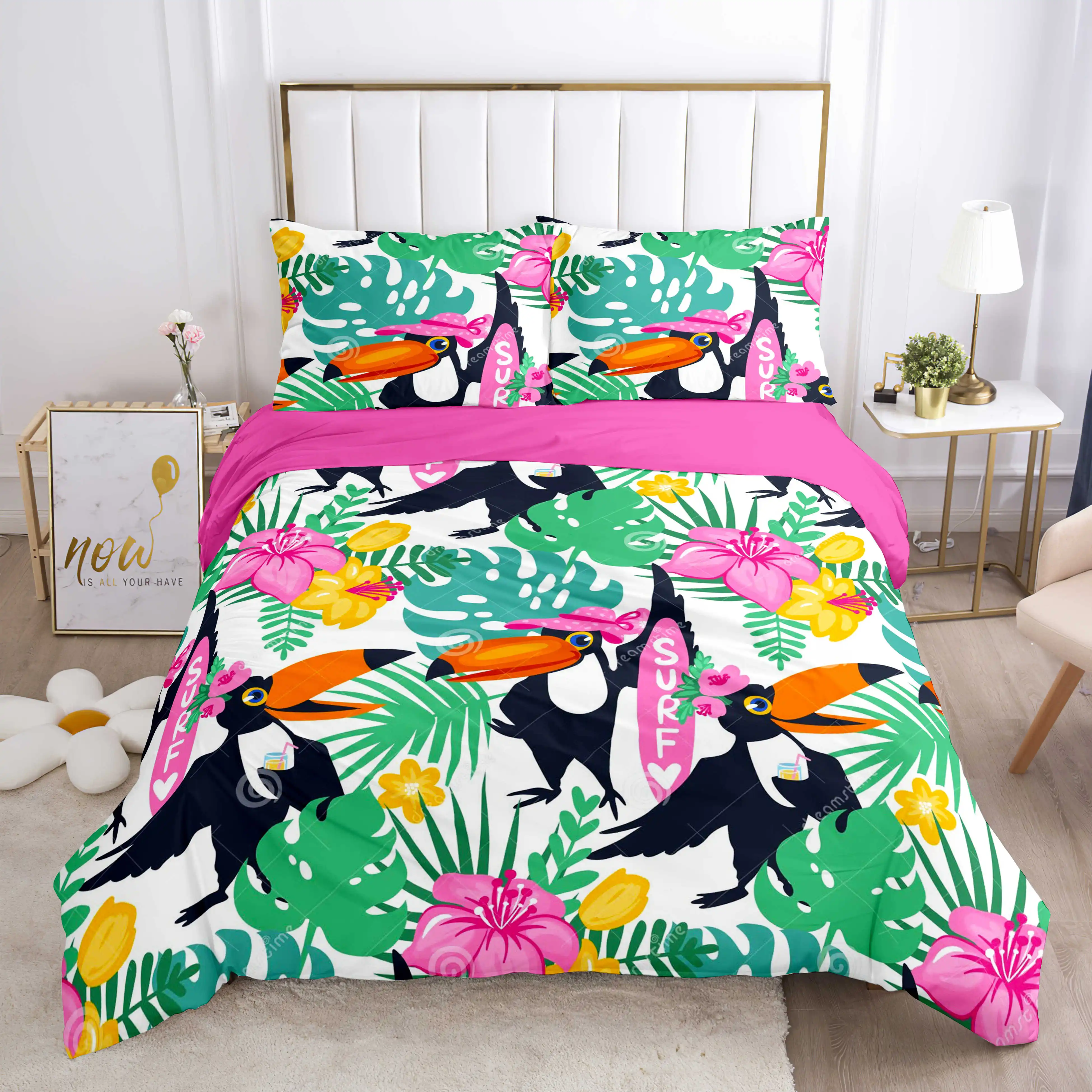 3D Print Duvet Cover animal feathers palm leaves tropical plant birds comfortable double bed bedding set