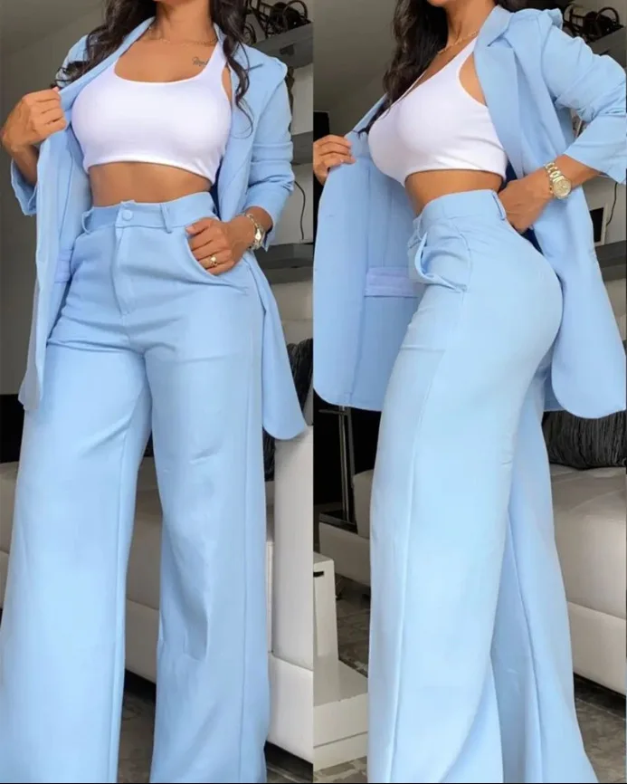 Women Solid Color Suit Set with Split Sleeve Detail Lapel Collar Straight Leg Trousers Design Jacket Wide Leg Pants Two Pieces