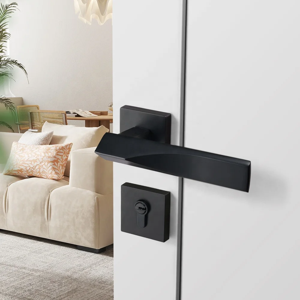 Yonfia A8280R03 modern square solid black aluminium lever door handle home toilet interior door lock handle black for wood door