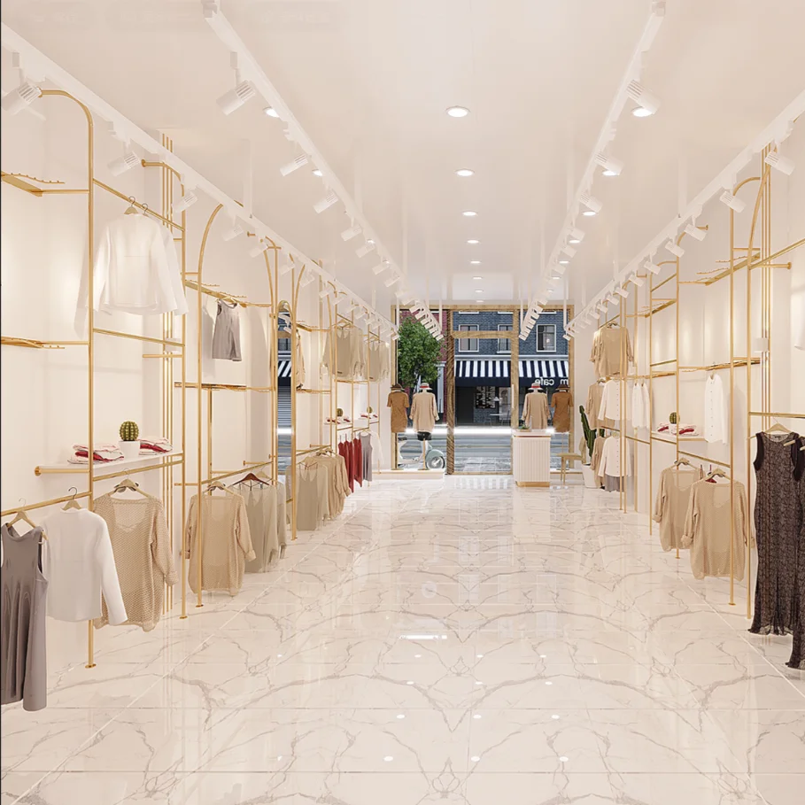Custom Boutique Furniture Gold Stainless Steel Clothes Wall Display Shelf Hot Retail Fashion Girl Clothing Store Display Rack