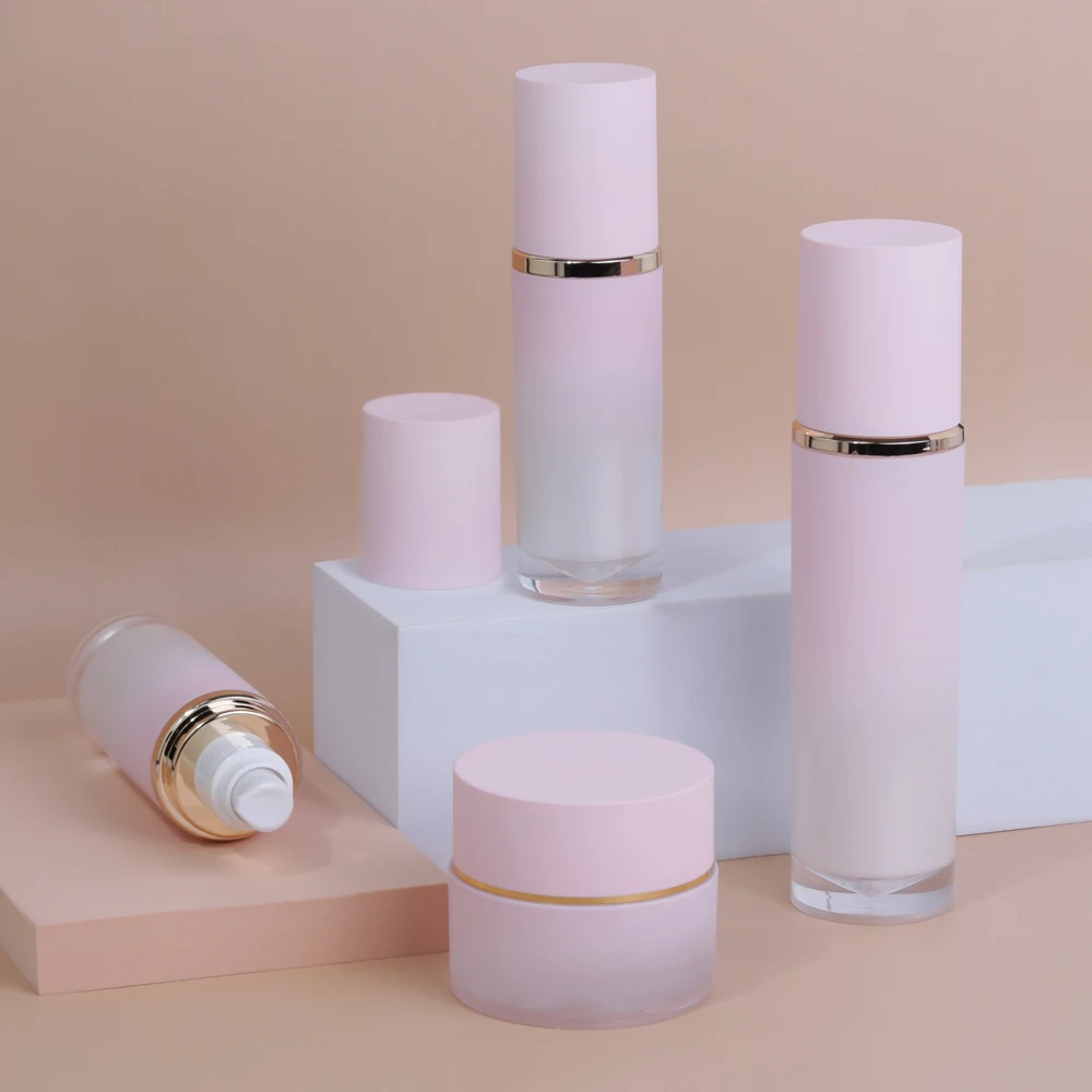 Custom Unique Pink Frosted Skincare Packaging Lotion and Spray Bottle Plastic Face Cream Jar and Bottle for Skincare Set