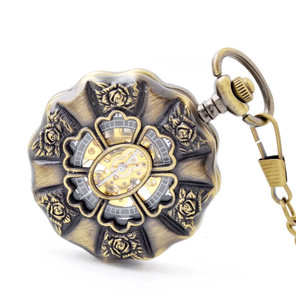 Ancient Style Flower Shape Hollowed Out Machine Pocket Watch With Thin Chain