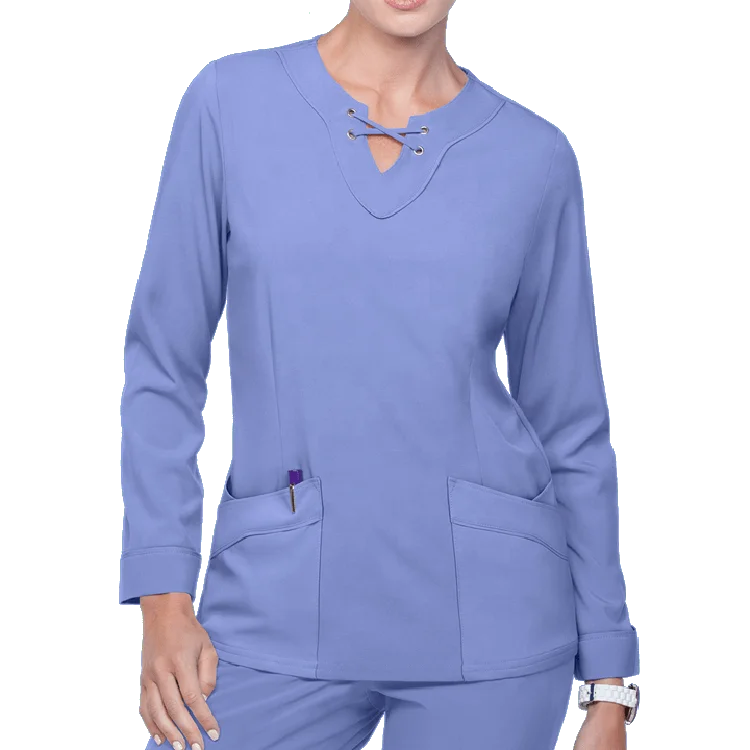 Female Four Pocket Long Sleeve Hospital Nurse Uniform Top Tunic Stretchy Nurse Medical Scrub Uniform