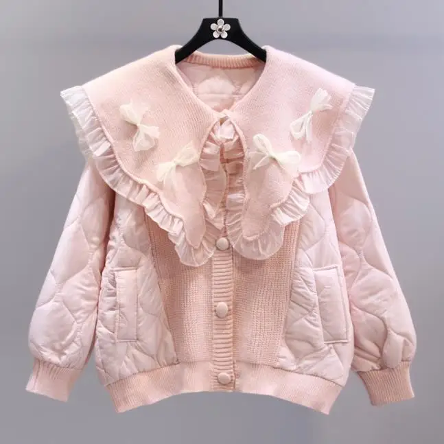 Bow Doll Collar Cotton Padded Coat for Women Winter New Loose Solid Parkas Female Long Sleeve Casual Jacket