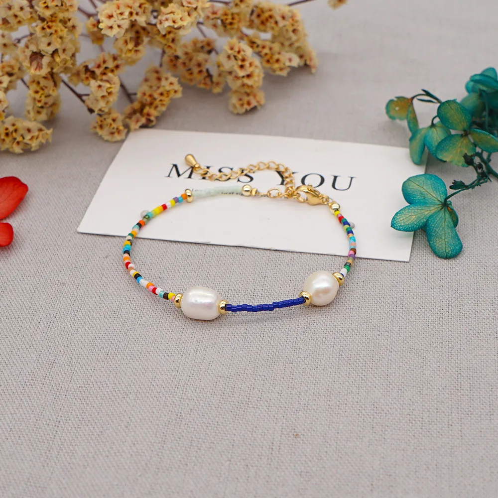 Colorful Delicate Summer Boho Beach Beaded Women Miyuki Jewelry Stainless Steel Tiny Beads Baroque Freshwater Pearl Bracelet