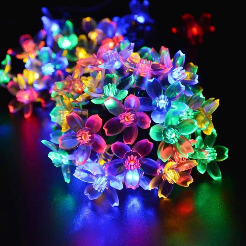Solar Flower String Light Outdoor Waterproof Cherry Blossoms LED Fairy Lamp for Christmas Tree Garden Patio Fence Yard