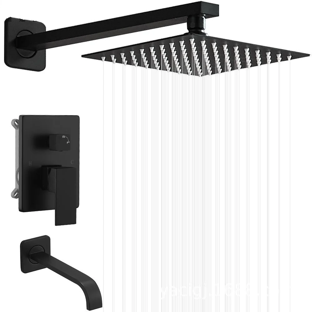 High Pressure Concealed Bathroom Black Brass Rain Shower Head and Shower Sets System