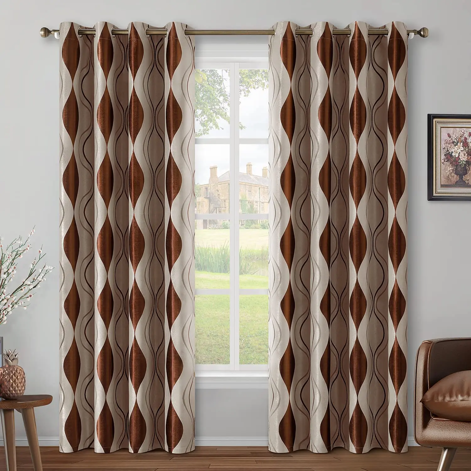 Wave Room Darkening Curtains Brown and Beige Jacquard Grommet Window Curtains for Living Room
