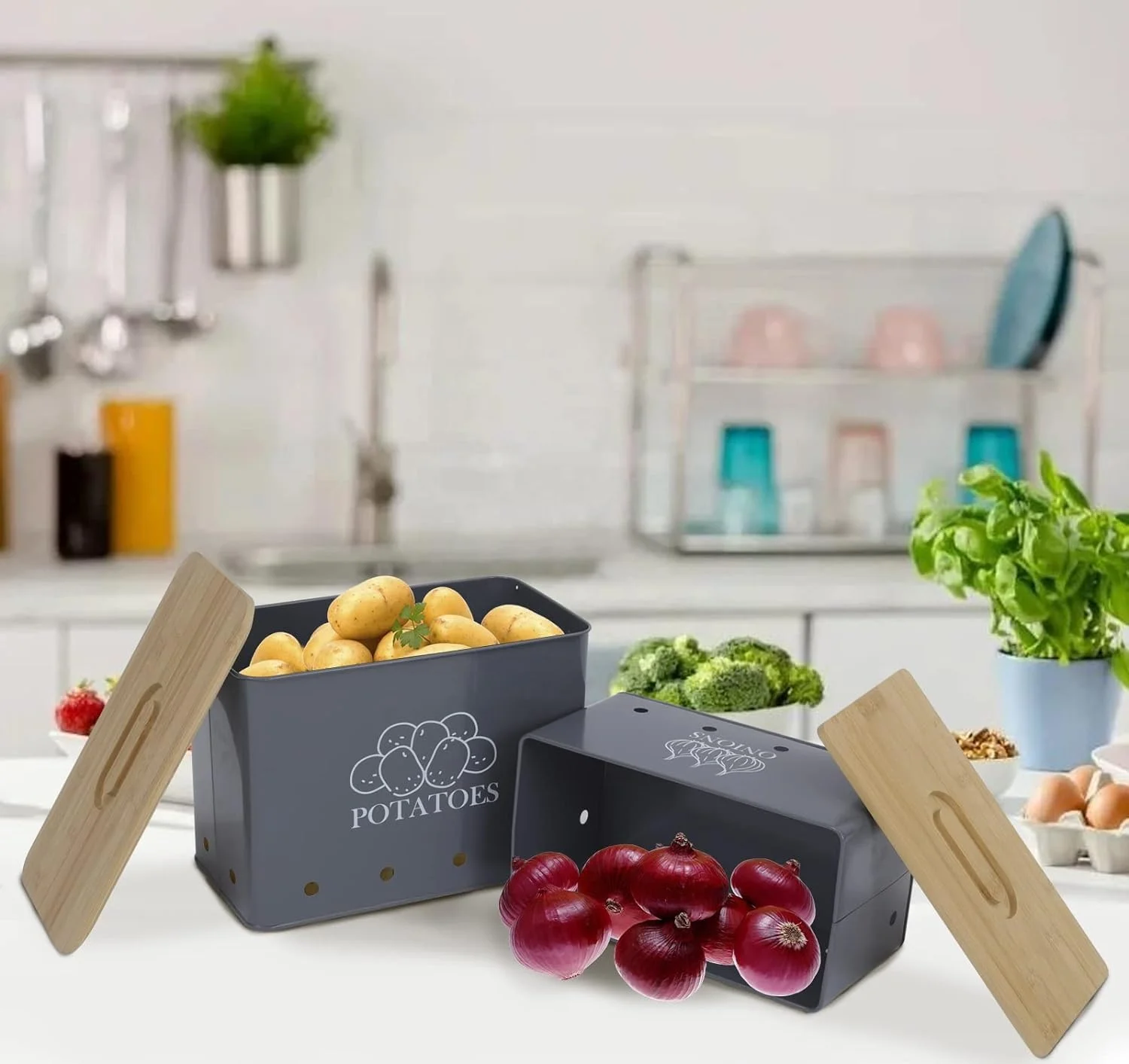 Set of 2 Stacking Kitchen Vegetable Fruits Storage Boxes for Potato Onion  Garlic with Bamboo Lid