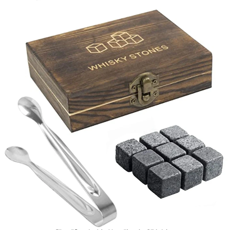 Whiskey Stones Gift Set  Whiskey Stones with Tongs in Velvet Bag All Presented in an Elegant Wooden Box for Men