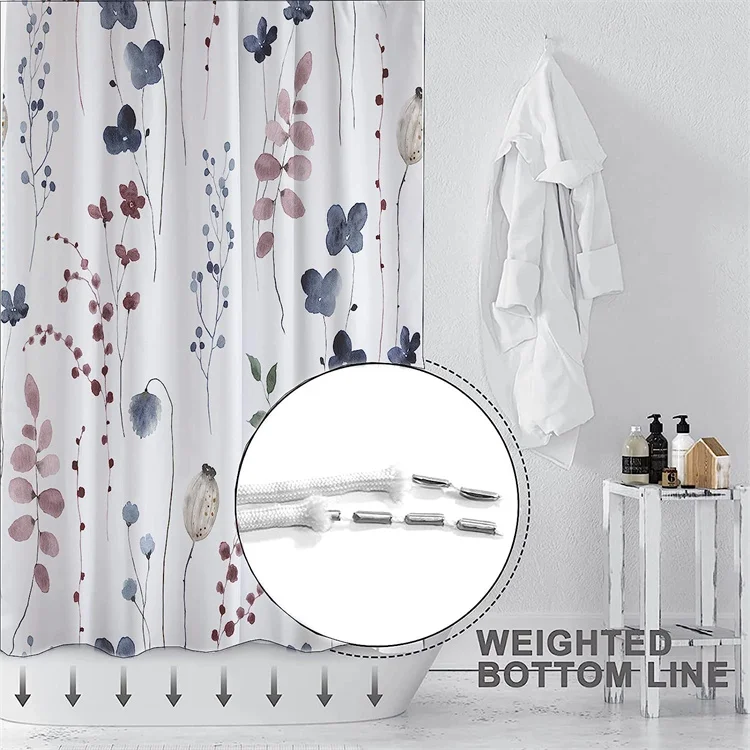 72x72 Inches Ink Blue Floral Shower Curtain Waterproof Fabric Modern Minimalist Art Bath Curtain with 12 Hooks for Bathroom