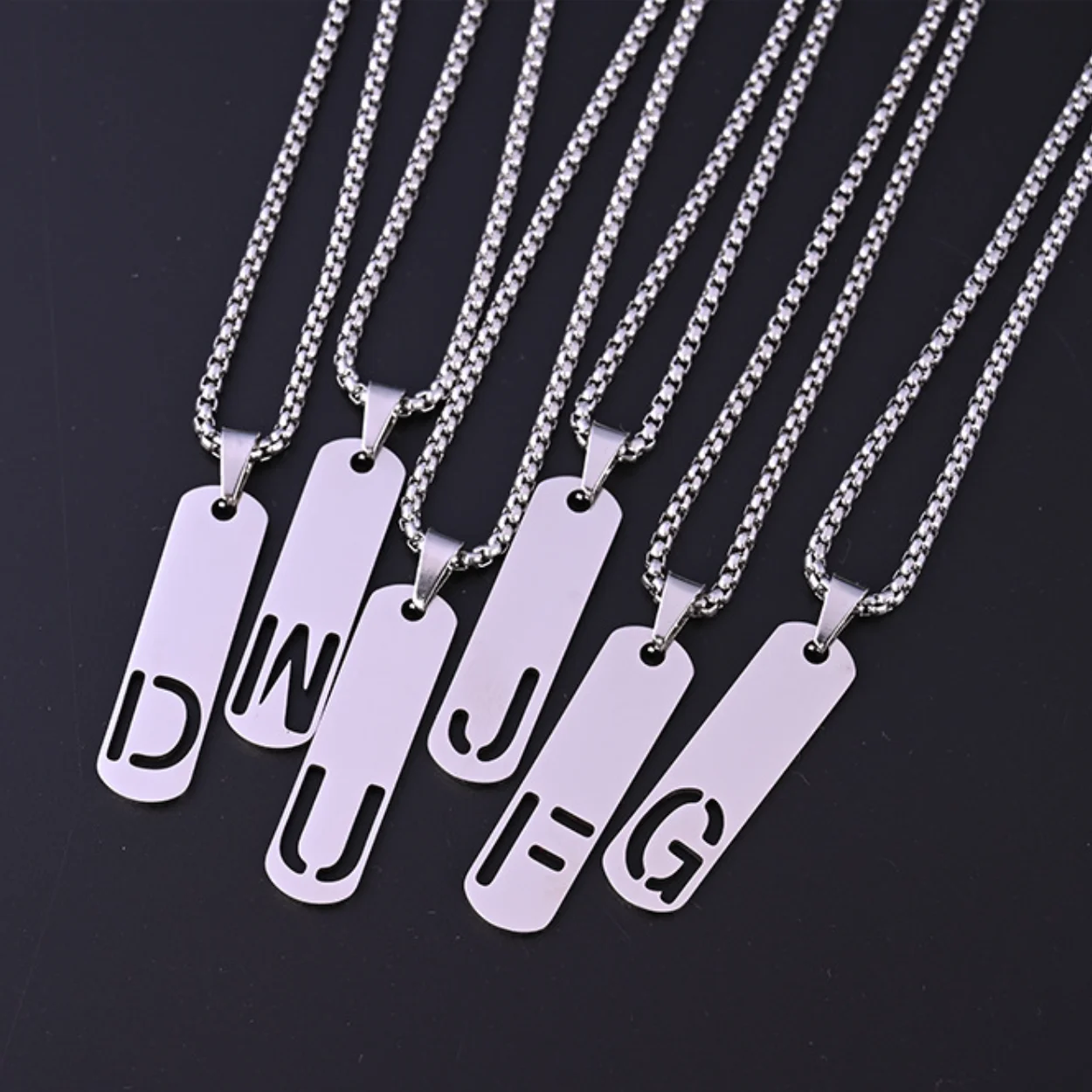 Personalized stainless steel long chain high polish laser cut hollow A-Z initial letters dog tag necklaces for men