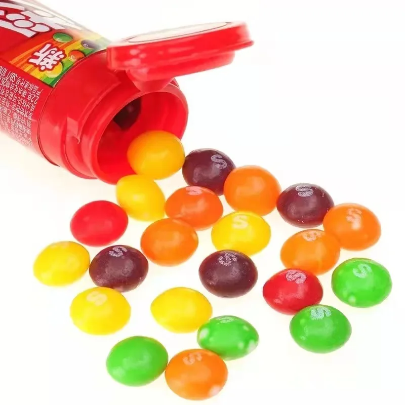 China Hot Selling Sweet 30g Exotic Snacks Candy Toys Multicolor Mixed Fruit Flavor Skittle Glue Free Chocolate Fruit Candies