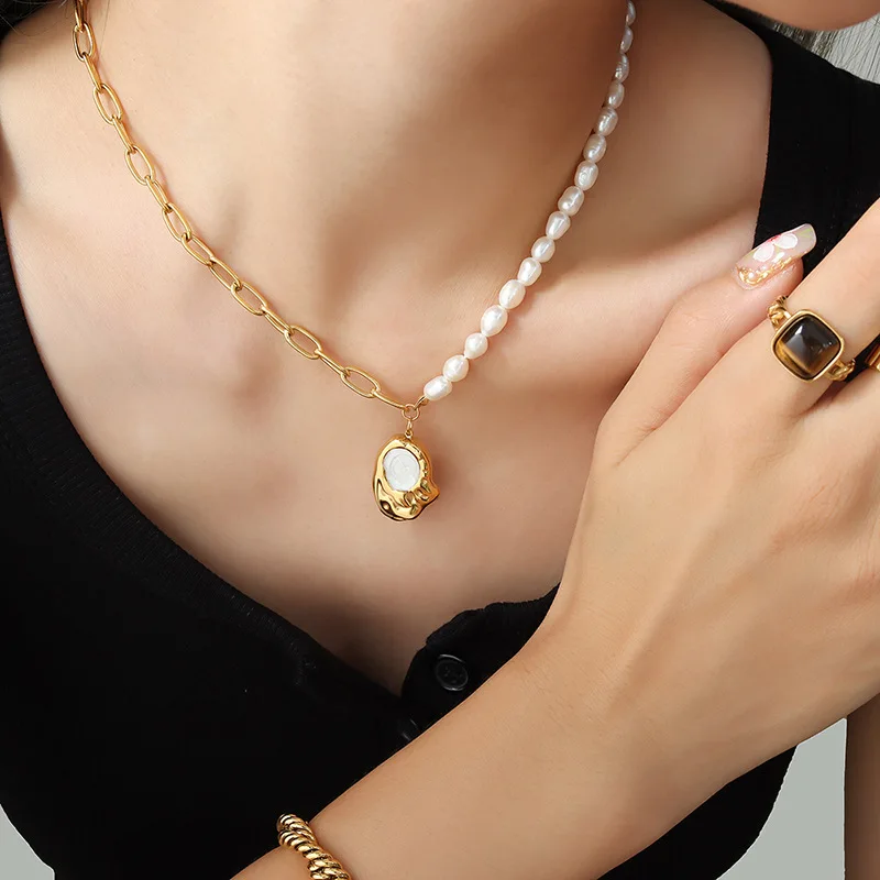 Fashion 18k Stainless Steel Fresh Water Pearl Necklace Half Paperclip Necklace Dainty Enamel Earrings And Necklace