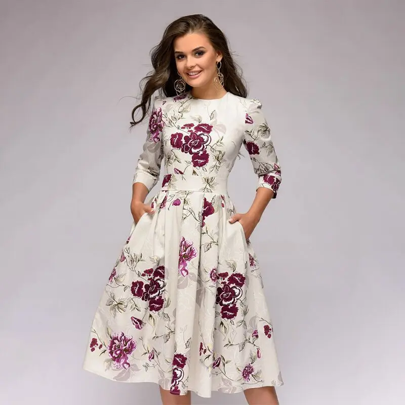 Wholesale Clothes Women Casual Party Midi Slim Dresses Vintage Floral Printed Elegant Casual Life 1 Piece Pleated Accept OEM