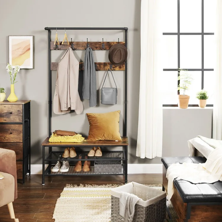 Living Room Entryway Metal Wood Coat Shoe Rack Stand Iron frame modern coat rack