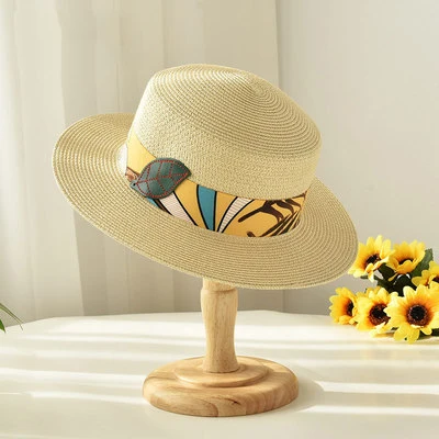 Fashion Summer Casual Outdoor Party Beach Sunshade Leaf Print Ribbon Stripe Sun Hat Flat Top Straw Boater Hats for Men Women