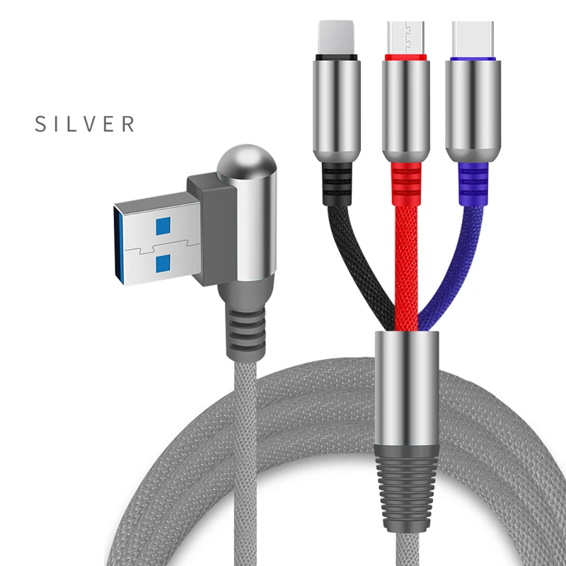 
90 Degree Nylon Braided Cloth 2.4A 3 IN 1 Usb Charging Cable Light Type C Micro Usb Cable for iPhone 