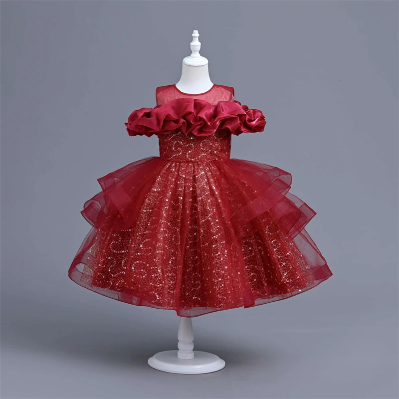 Children Girls Sequin Ball Gown Princess Piano Performance Clothes Dress Toddler Baby Girls Birthday Puffy Dresses