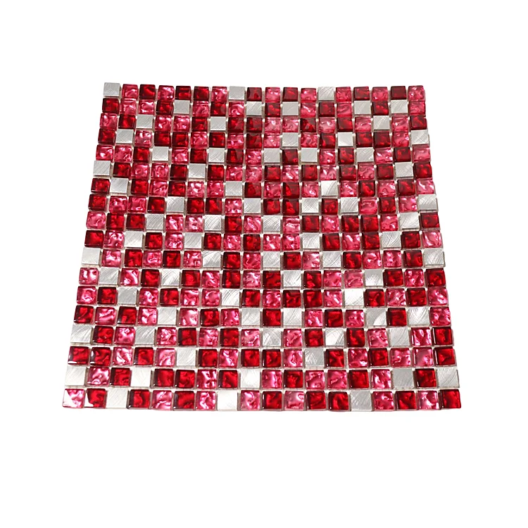Factory Discount Price Silver Aluminum Metal Red Mixed Glass Mosaic Tile Tiles For Walls