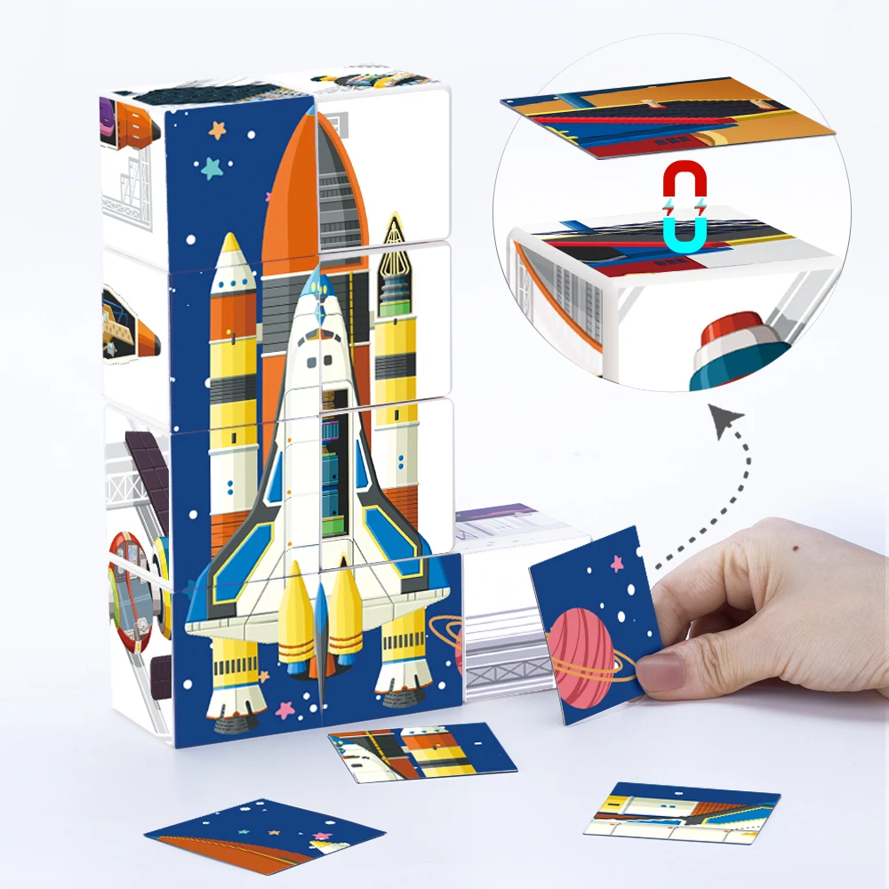 Space Astronaut Adventure Theme Magnetic Sticker Construction Kit Magic Cubes Toy for Kids
