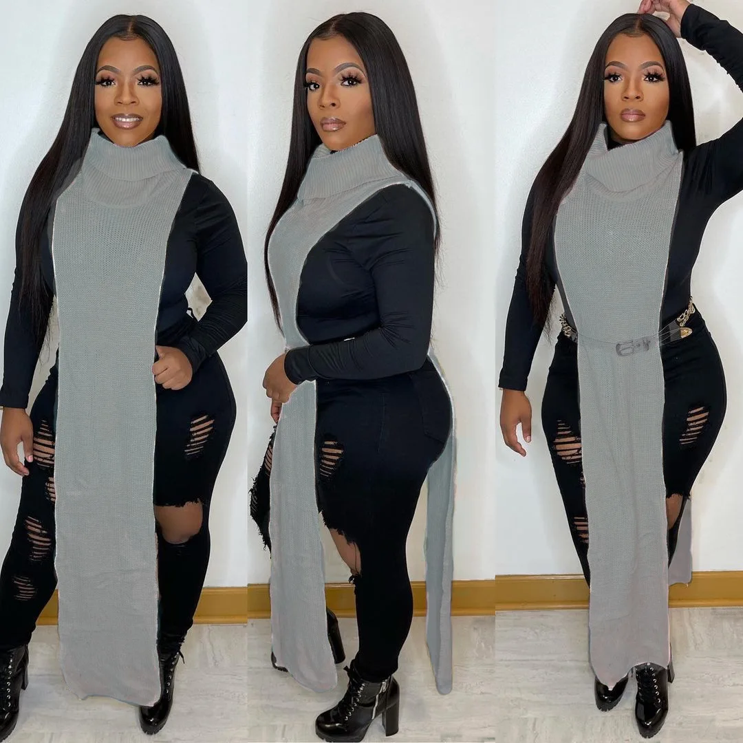 Solid Color Sweater Knit Boutique Clothing Dresses Sleeveless Turtleneck Shirt Top Nigh Club Shape Wear Split Sexy Dress Women