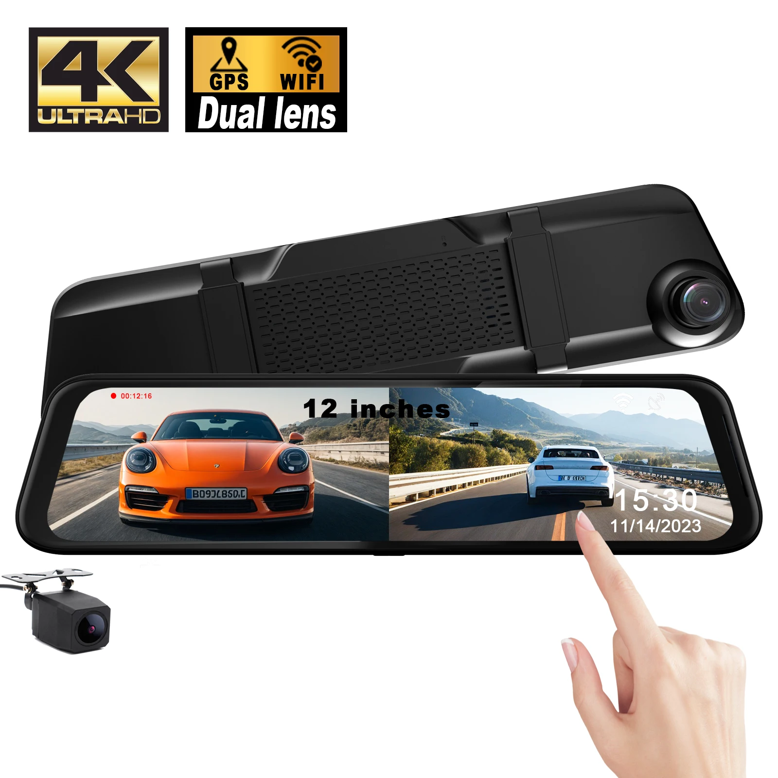 12 inch mirror rearview mirror 4k wifi gps dash cam front and rear 4k dashcam car dvr dual lens HD night vision 4k dash camera