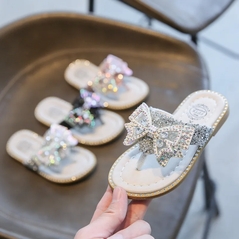  Fashion princess rhinestones sequins bow knot sandals summer outdoor girls kids non-slip flip flops