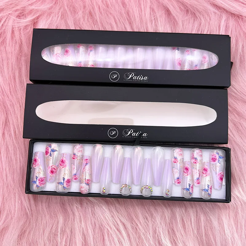 Custom packaging box rhinestone extreme long french nails false nails nude