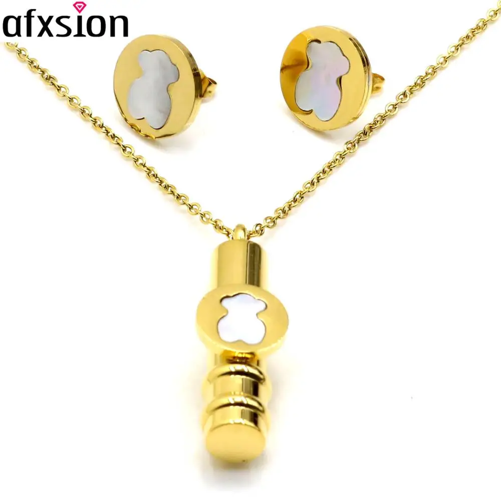 Afxsion high quality Titanium steel jewelry Bear pendant necklace and earrings set Stainless steel jewelry set women