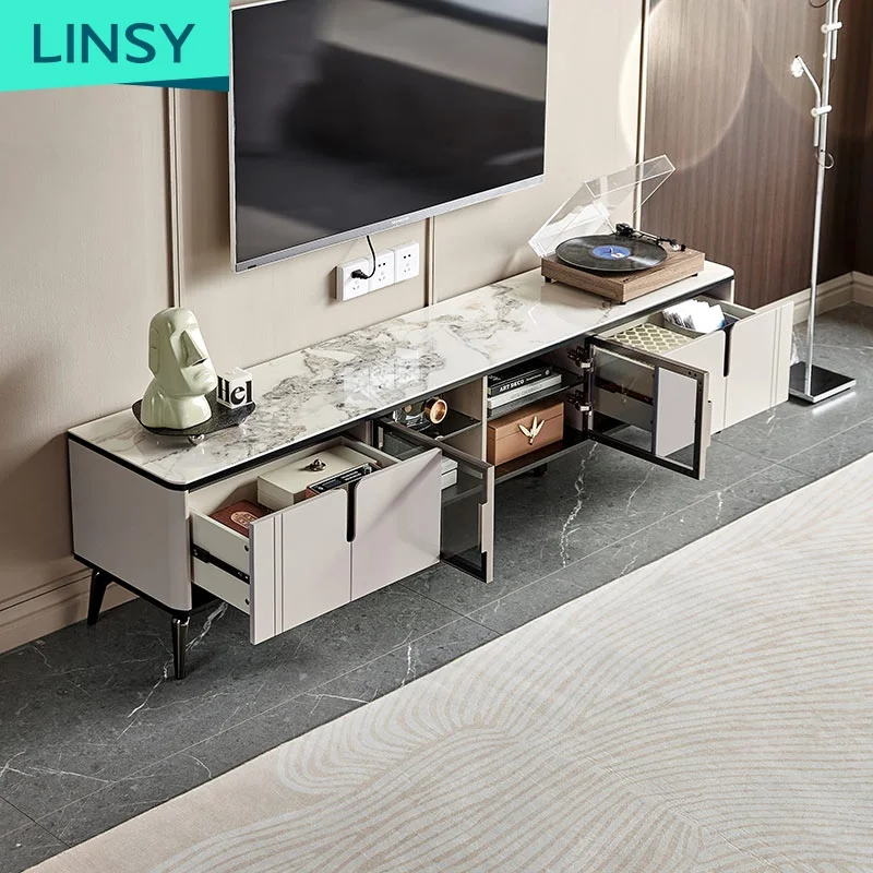 Linsy New Arrival Luxury White Marble Coffee Table And Tv Stand Stone Modern Storage Black Wooden Coffee Tables Set Ll1M