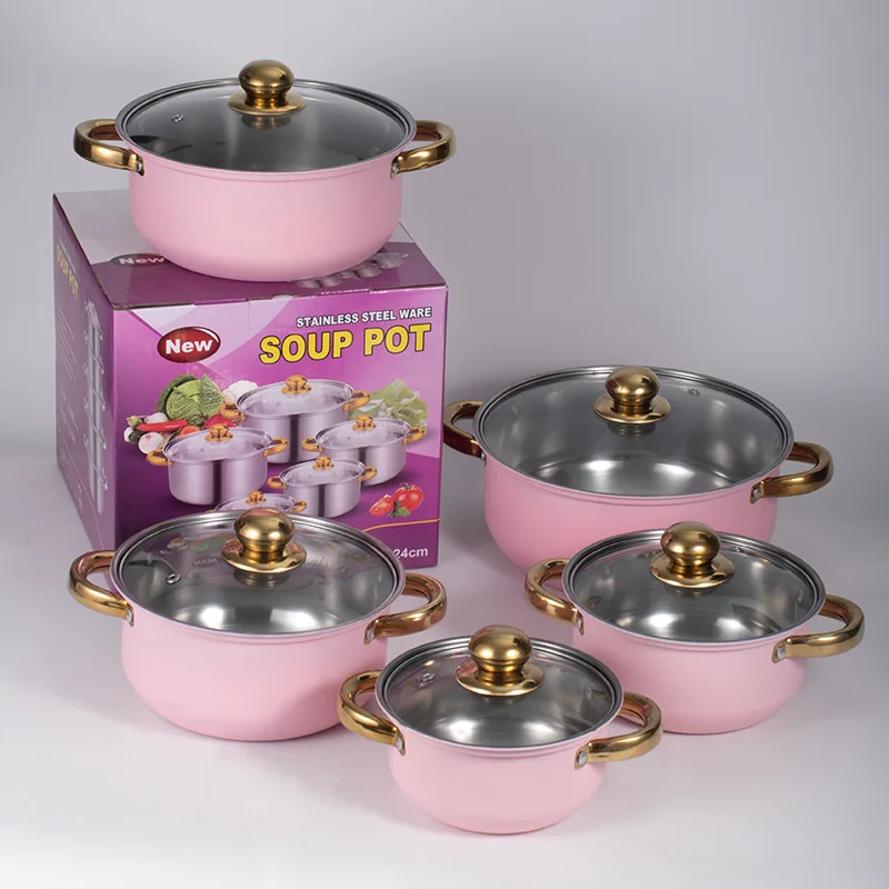 Cheap Cooking Pots 10pcs Pink Cast Iron Casserole Cooking Pots Set NonStick Cookware Sets all clad stainless steel cookware