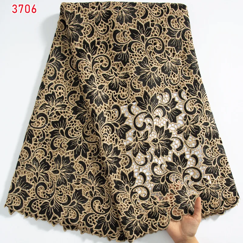 3706 Wholesale African Water Soluble Lace Hot Selling Nigeria Guipure Cord with Rhinestones Cord Lace for Women Evening Dresses