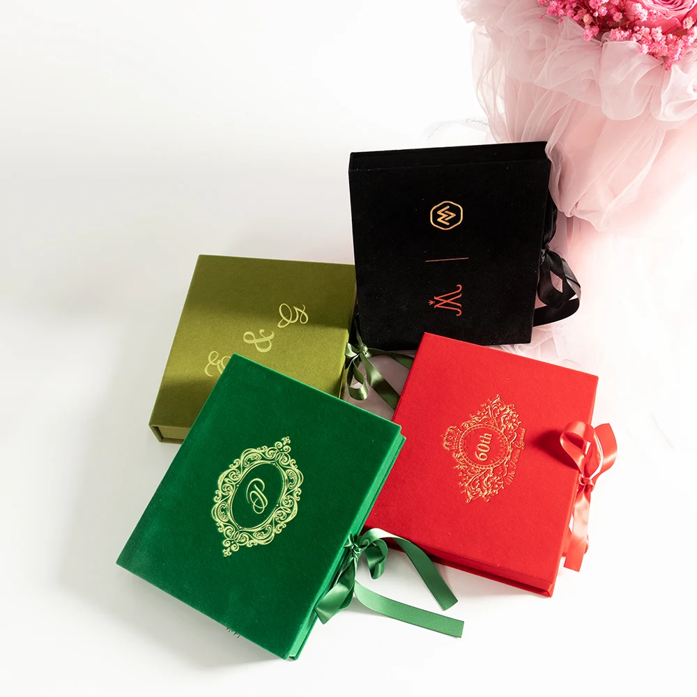 Wholesale Custom Cardboard Flip Open Book Shape Wedding Photo Album Box Velvet Shadow Photo Frame Packaging Box With Ribbon