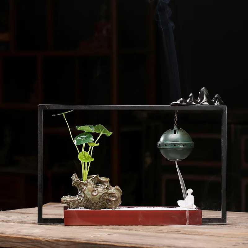 Zen Style Ceramic Hanging Censer  With Ceramic Rockery Vase Creative Wooden Base Backflow Incense Burner