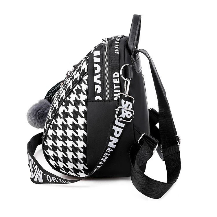 
Hot Sale Fashion Strap Houndstooth Teenager Cross Body Shoulder Bag Youth Students Schoolbag College Women Backpack With Pompom 