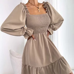 Women Summer Square Neck Shirred Bodice Flounce Sleeve Ruffle Hem Casual Dresses