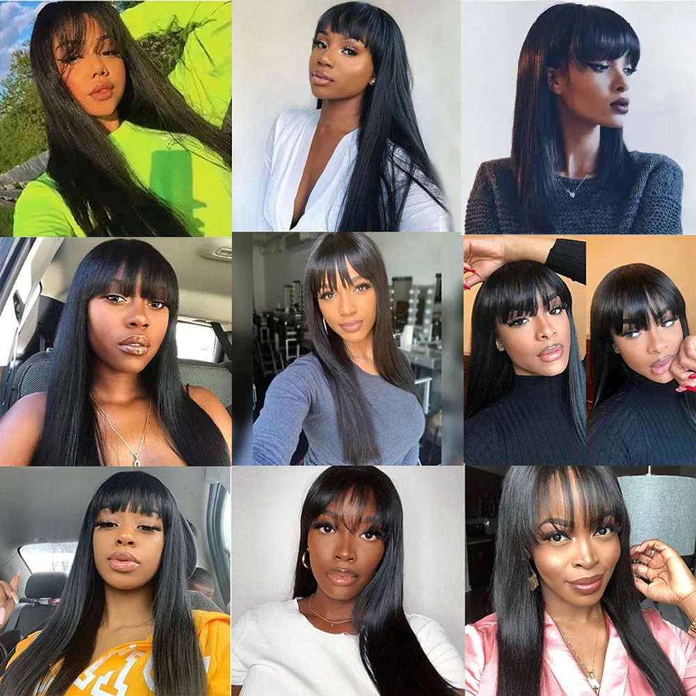 Straight Human Hair Wig With Bangs 100% Human Hair Wigs Full Machine Made Wigs 210% Density  For Black Women