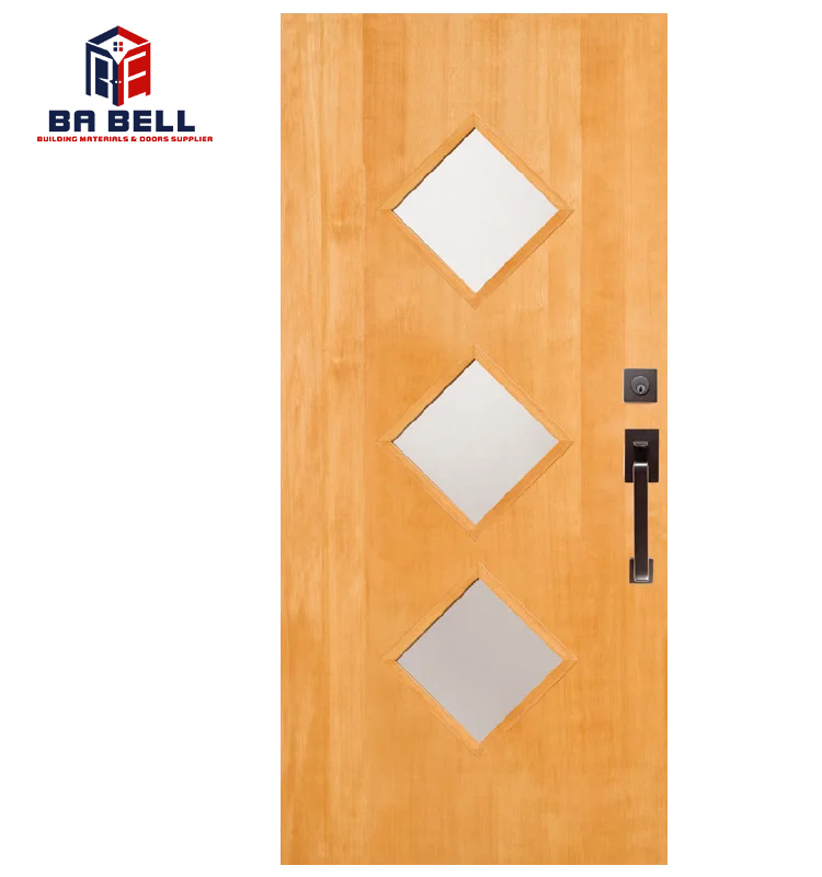 Classic mahogany wood door with vertical rectangle 2 glass inserts house room single interior wooden swing front entry doors
