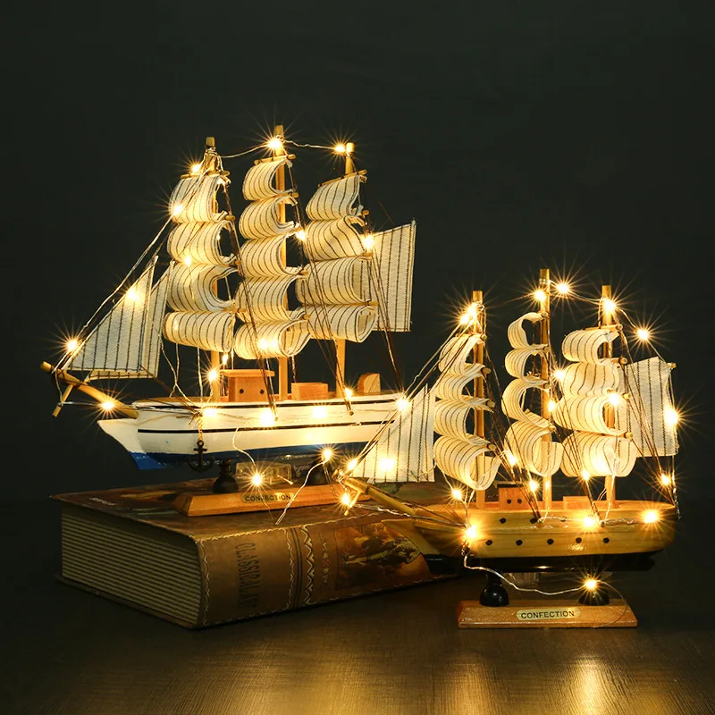 Pirate ship sailing yacht small boat model 30 40cm wooden small boat with led light deco fishing boat home table decoration