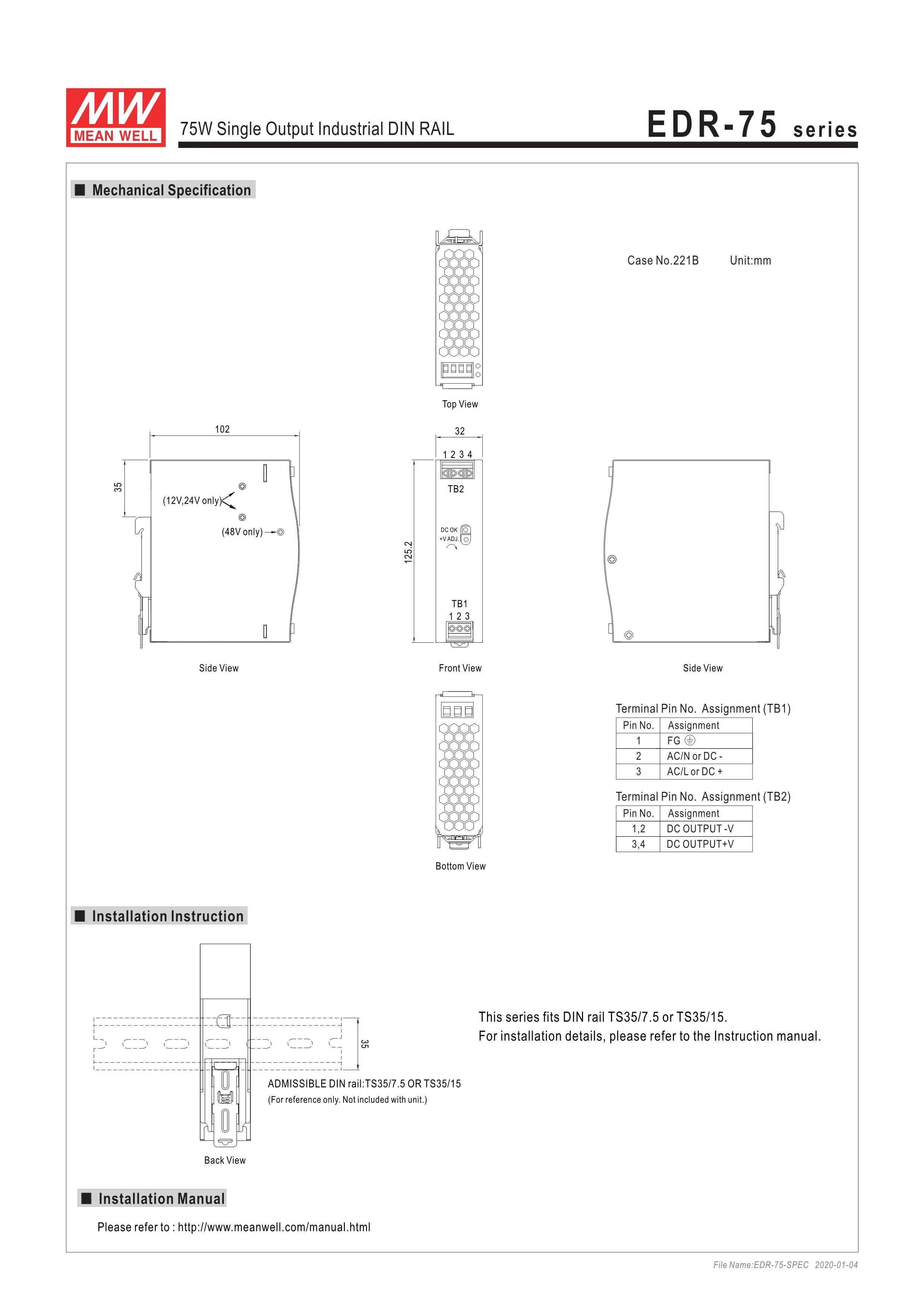 Mean well EDR-75-24 75 Вт 24 в одиночный выход Промышленный источник питания на