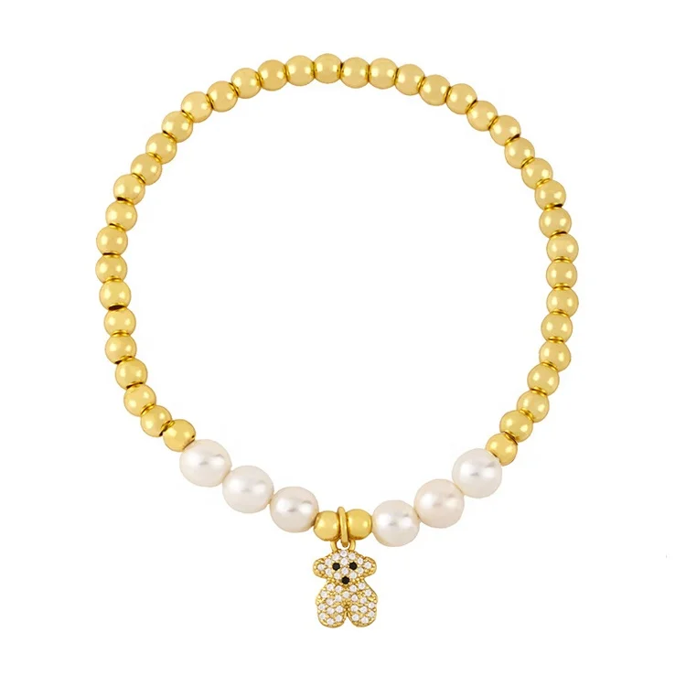 Popular Brass Micro Pave CZ Bear Smile Face Freshwater Pearl Bracelet For Ladies