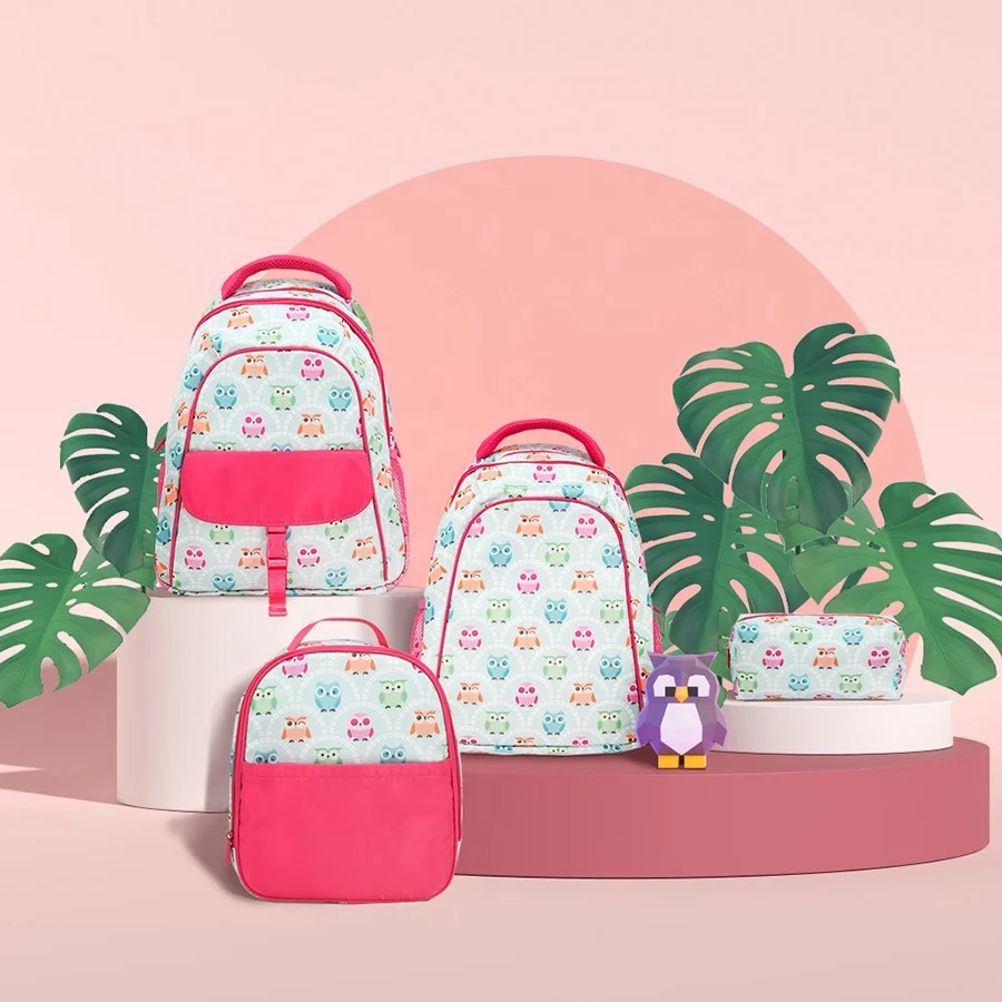 Original Design 4 SET Cute Owlsome Cartoon Kids Pencil Pouch School Backpack and Lunch Bag Set for Girls